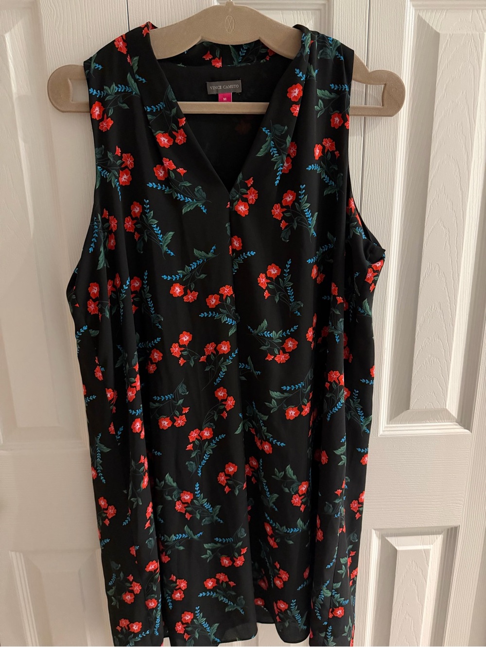 Vince Camuto Black Sleeveless V-Neck dress with Red Floral & Teal Leaves